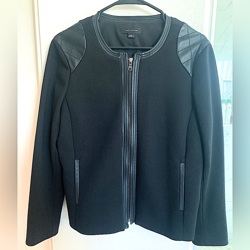 Anne Taylor Black Jacket with Faux Quilted Leather Details
